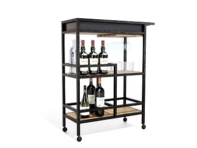 Black Metal Wine Cabinet with Rolling Wheels Multiple Shelves Wine Bottles and Glassware 3d model