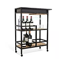 Black Metal Wine Cabinet with Rolling Wheels Multiple Shelves Wine Bottles and Glassware