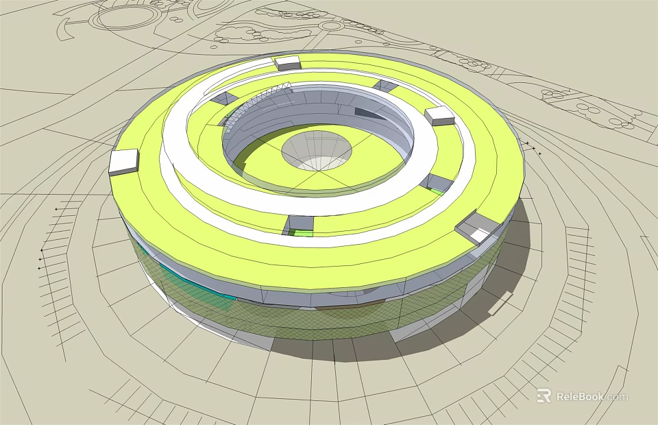 Circular Museum Building With Spiral Design And Yellow Green Ring Structure 3d model