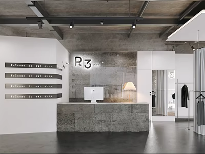 Modern Clothing Store Interior With P3 Logo Concrete Counter Clothing Racks And Fashion Art 3d model