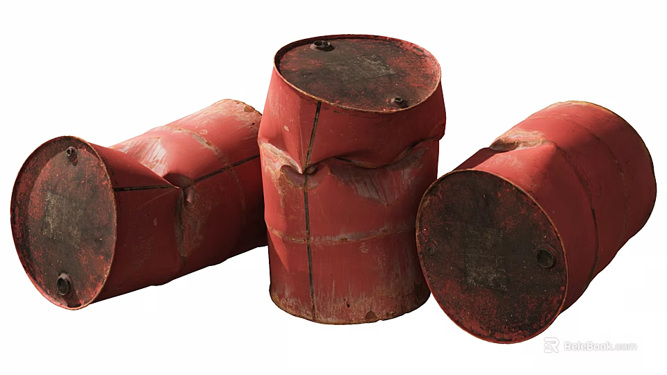Three Old Red Worn Metal Oil Drums As Household Storage Items 3d model 