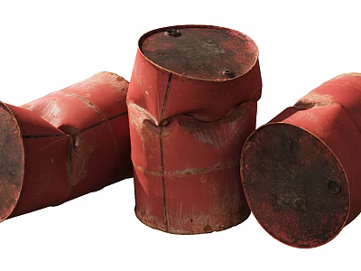 Three Old Red Worn Metal Oil Drums As Household Storage Items 3d model