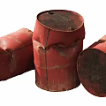 Three Old Red Worn Metal Oil Drums As Household Storage Items