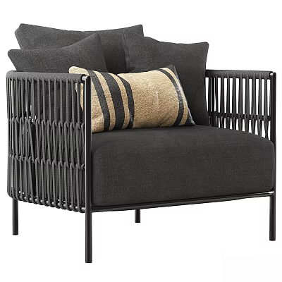 Modern Black Metal Frame Lounge Chair With Woven Design Dark Cushion And Striped Pillow 3d model