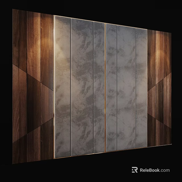 Modern Background Wall Design With Wooden Panels And Marble Slabs Accented By Gold Trim 3d model 
