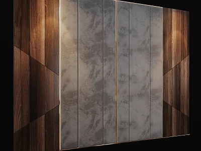 Modern Background Wall Design With Wooden Panels And Marble Slabs Accented By Gold Trim 3d model