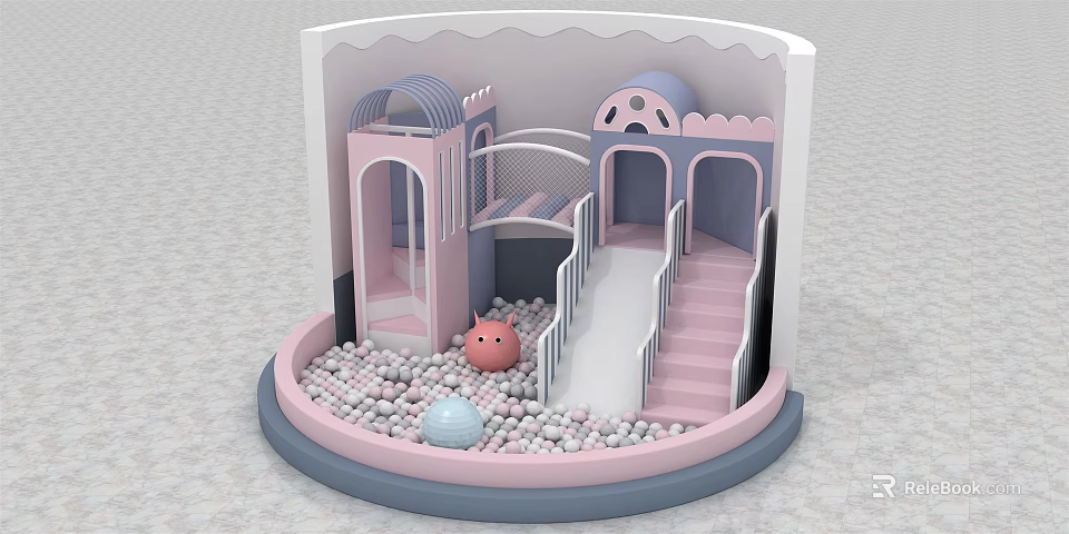 Indoor Kids Playground Equipment with Ball Pit Slide Stairs and Pink Blue Arches 3d model 