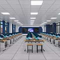 Modern School Classroom With Computer Desks Interactive Whiteboard Blue Walls And Large Windows 3d model
