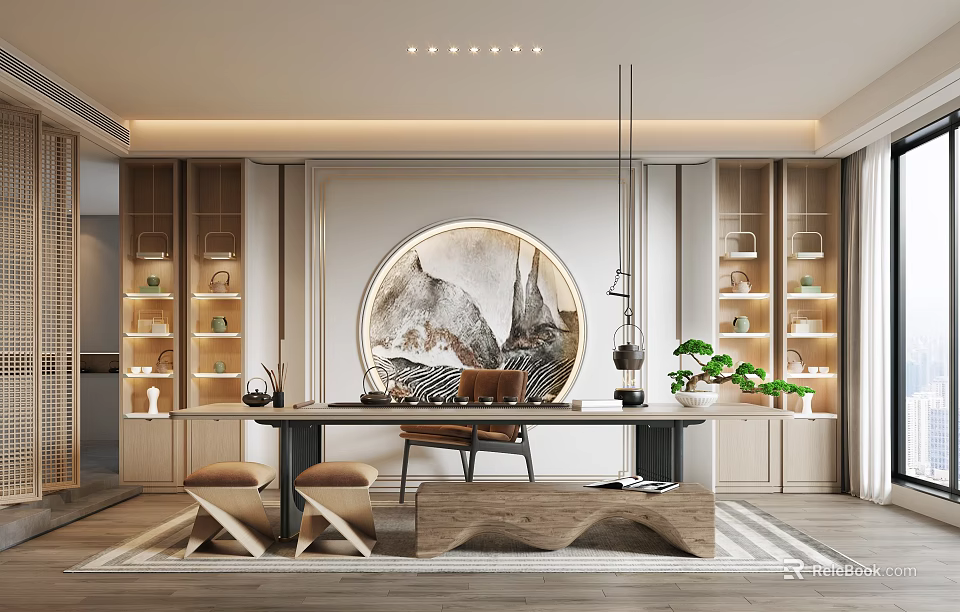 Modern Chinese Tea Room Interior Design With Wooden Table Chairs Round Painting And Display Shelves 3d model 
