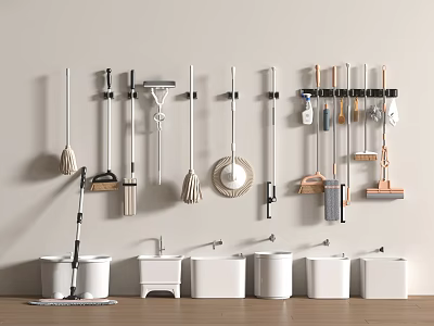 Bathroom Accessories Including Wall Mounted Cleaning Tools And White Buckets 3d model