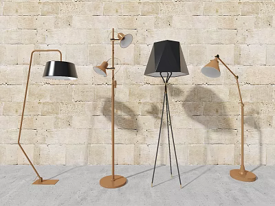 Modern Floor Lamps With Different Designs And Metal Stands Against Stone Wall 3d model
