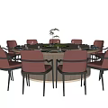 Elegant Round Dining Table Set With Pink Chairs And Decorative Plant 3d model
