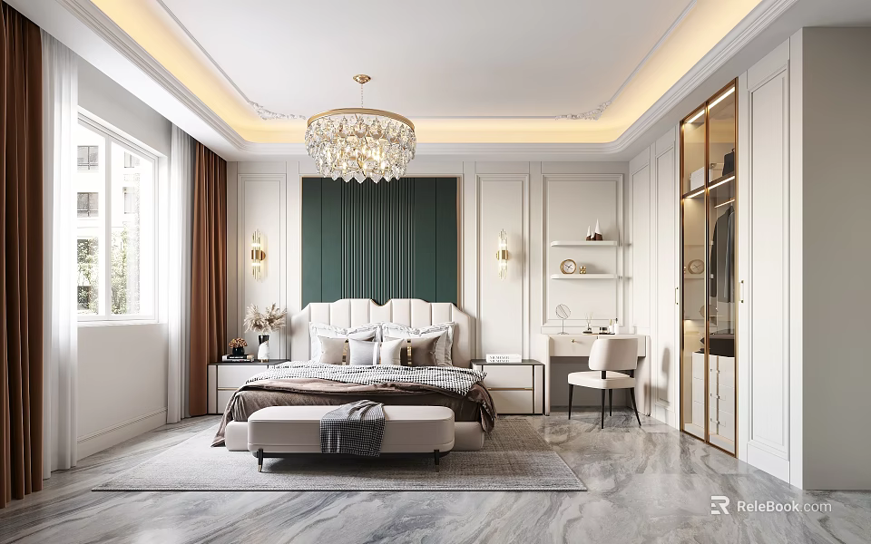 Elegant Bedroom Interior With Crystal Chandelier Green Curtains Upholstered Headboard And White Walls 3d model 