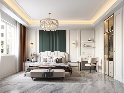 Elegant Bedroom Interior With Crystal Chandelier Green Curtains Upholstered Headboard And White Walls 3d model