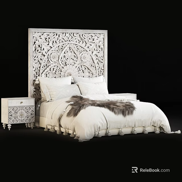 Double Bed With Intricate Carved White Headboard White Bedding And Fur Throw 3d model 
