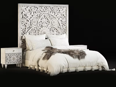 Double Bed With Intricate Carved White Headboard White Bedding And Fur Throw 3d model