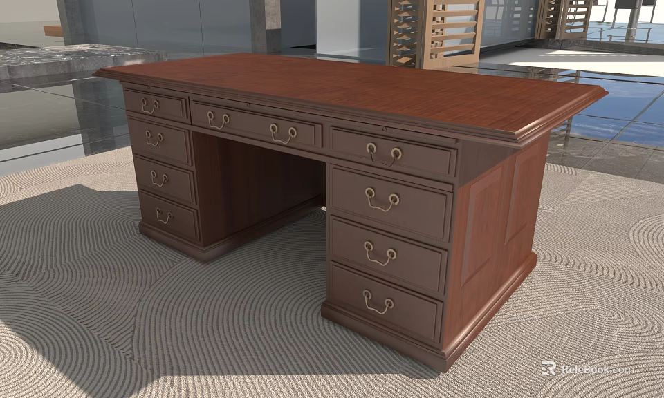 Elegant Classic Wooden Office Desk With Spacious Top Multiple Drawers And Metal Handles 3d model 