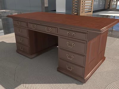 Elegant Classic Wooden Office Desk With Spacious Top Multiple Drawers And Metal Handles 3d model