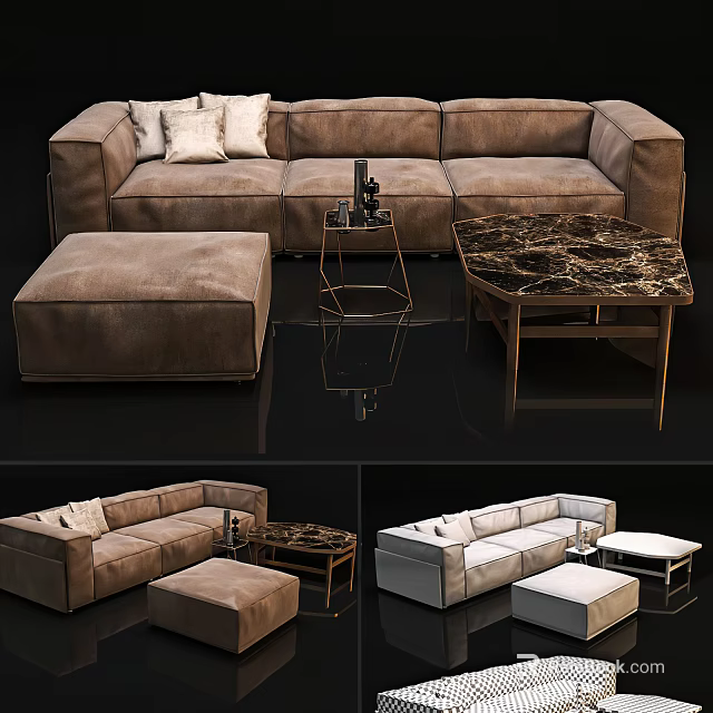 Elegant Modern Sofa and Coffee Table Set With Ottoman Marble Top Metal Frame and Pillows 3d model