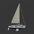 Stylish White Hull Sailboat With Blue Accent Stripes And White Sail Against Gray Background