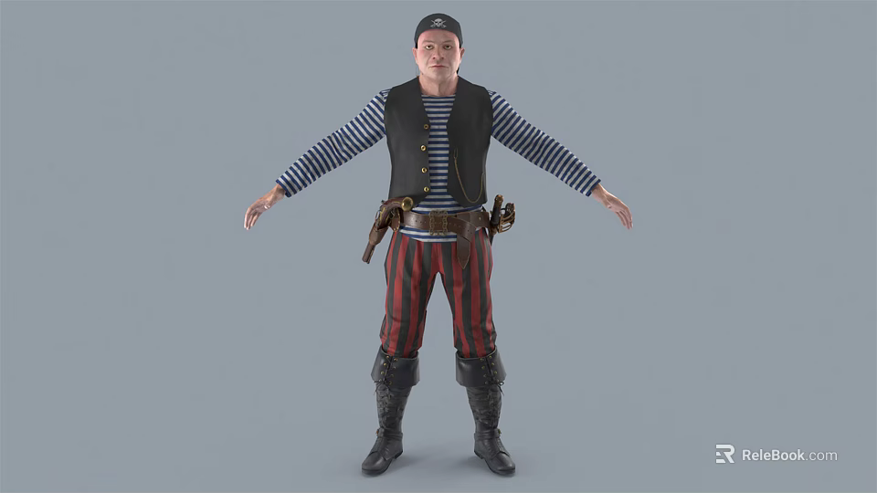 Man In Pirate Striped Shirt Black Vest Red Black Striped Pants Boots Holsters Arms Outstretched 3d model 
