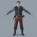 Man In Pirate Striped Shirt Black Vest Red Black Striped Pants Boots Holsters Arms Outstretched