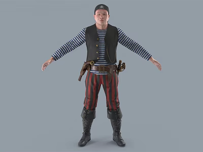 Man In Pirate Striped Shirt Black Vest Red Black Striped Pants Boots Holsters Arms Outstretched 3d model
