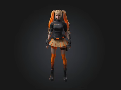 Stylish 3D Female Character With Twin Orange Ponytails Black Top Skirt And Boots 3d model