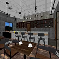 Industrial Style Café Interior With Wooden Flooring Dining Tables And Hanging Lights
