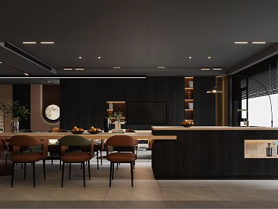 Dark Modern Dining and Living Room Interior With Dining Table Chairs Counter Shelves and Lighting 3d model