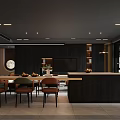 Dark Modern Dining and Living Room Interior With Dining Table Chairs Counter Shelves and Lighting