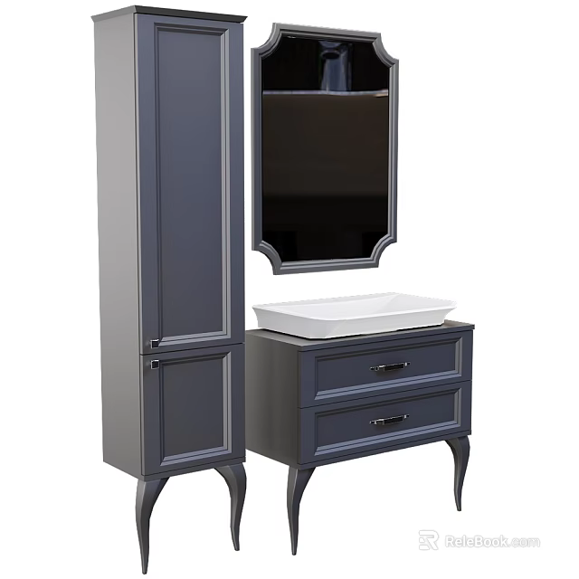 Modern Bathroom Vanity With Dark Gray Cabinet White Basin Mirror Drawers And Tall Cabinet 3d model 