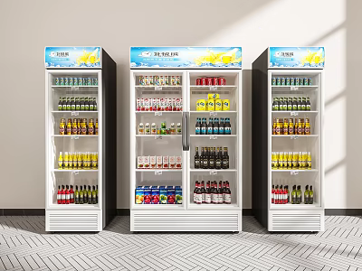 Three White Beverage Display Refrigerators Fully Stocked With Colorful Bottled Drinks 3d model