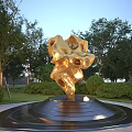 Garden Landscape Featuring Central Golden Sculpture Black Base Green Trees And Bushes