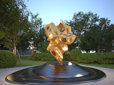 Garden Landscape Featuring Central Golden Sculpture Black Base Green Trees And Bushes 3d model