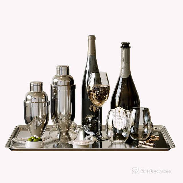 Elegant Wine Bottles And Glasses With Silver Cocktail Shakers On Silver Tray And Olives 3d model 