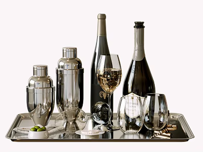Elegant Wine Bottles And Glasses With Silver Cocktail Shakers On Silver Tray And Olives 3d model