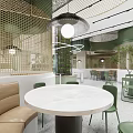 Elegant Modern Restaurant Interior With Green Plants Round Pendant Lights White Bar And Green Chairs