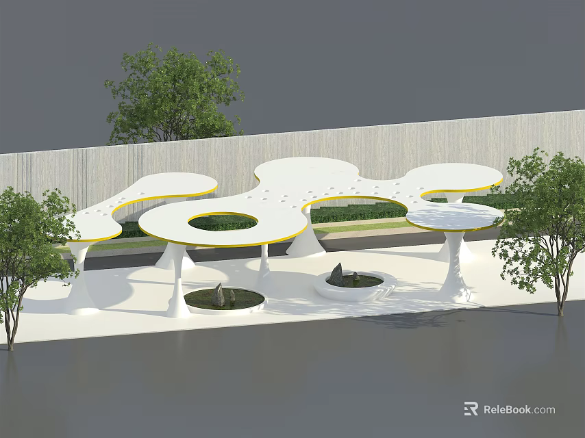 Modern White Pergola With Curved Structure Green Trees And Seating Area 3d model