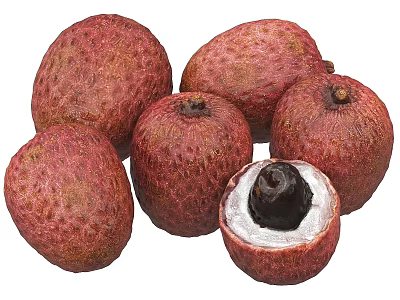 Fresh Ripe Lychee Fruits Showing Juicy White Flesh and Black Seed 3d model