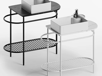 Modern Bathroom Washbasins with Black and White Metal Frames Stone Countertop and Lower Shelf 3d model