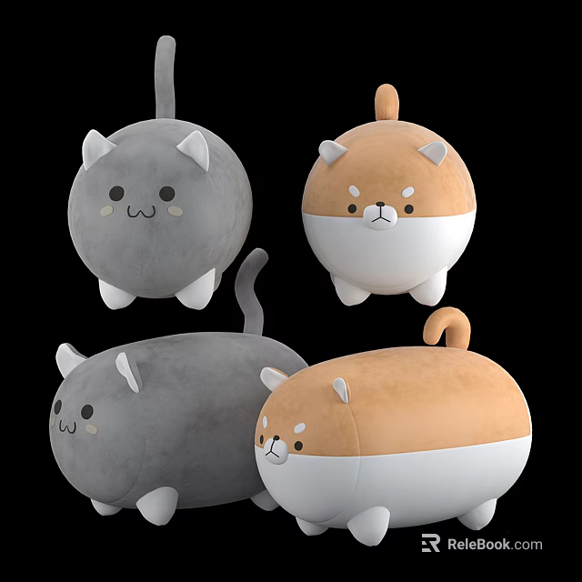 Adorable Chubby Plush Dolls With Gray And Brown Cat Dog Designs 3d model 