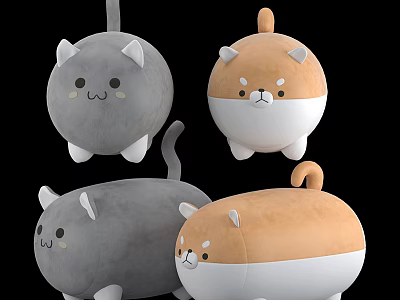 Adorable Chubby Plush Dolls With Gray And Brown Cat Dog Designs 3d model