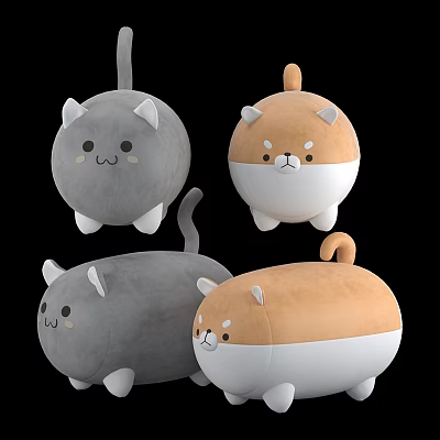 Adorable Chubby Plush Dolls With Gray And Brown Cat Dog Designs 3d model
