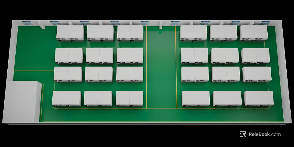 Neatly Arranged White Reception Desks On Green Floor In Exhibition Hall 3d model 