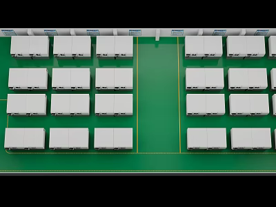 Neatly Arranged White Reception Desks On Green Floor In Exhibition Hall 3d model