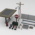 Road Facilities With Bus Stop Shelter Street Lamp Gas Sign Construction Cones And Bench