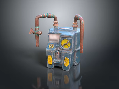 Vintage Mechanical Decorative Device With Blue Body Copper Pipes And Yellow Gauge Details 3d model