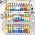 Commercial Retail Display Shelf with Beverage Bottles White Packaged Boxes Flower Bouquet and Promotion Signs