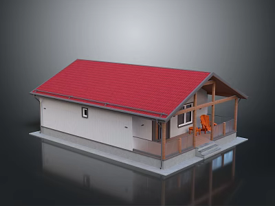 Small House With Red Roof And White Walls Attached Porch Featuring Orange Chairs And Steps 3d model